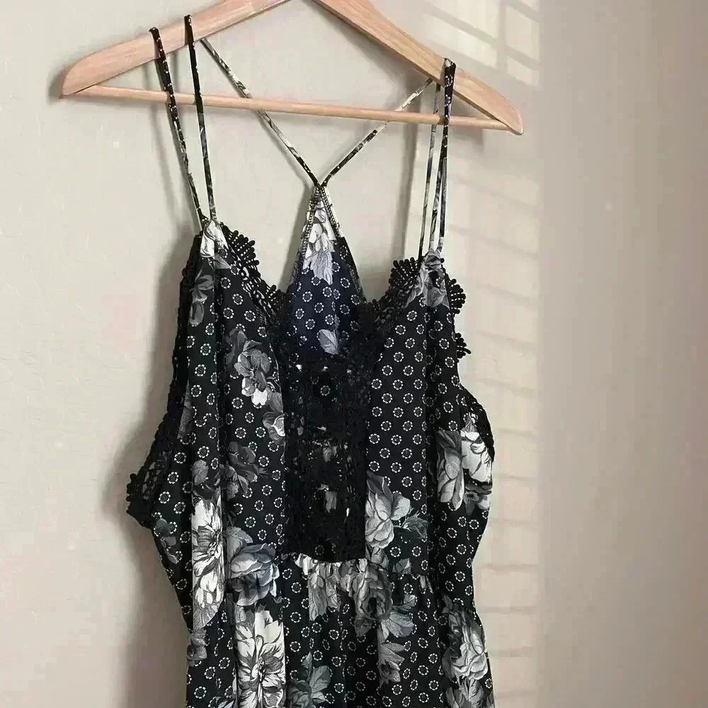 Free People Black Floral‎ Midi Dress Crochet Chest
